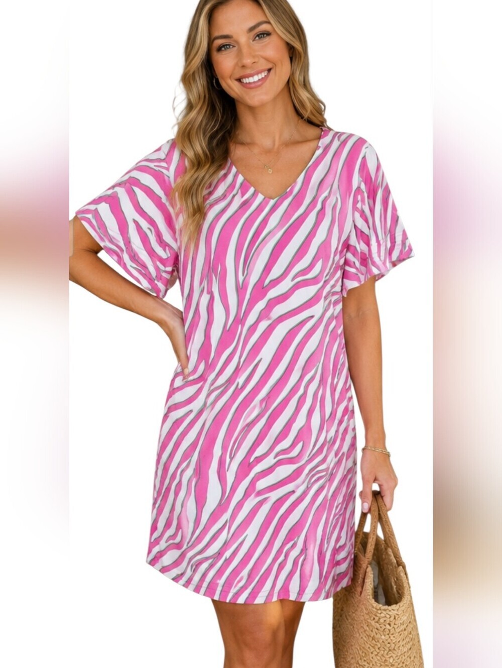 VOY NWT Pink Zebra Print Flutter Sleeve Shift Dress Small - Picture 1 of 13